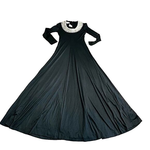 Vintage 70s Bernie Bee Long Black Dress with silver sequin neckline Size 2 NWT - Picture 4 of 15
